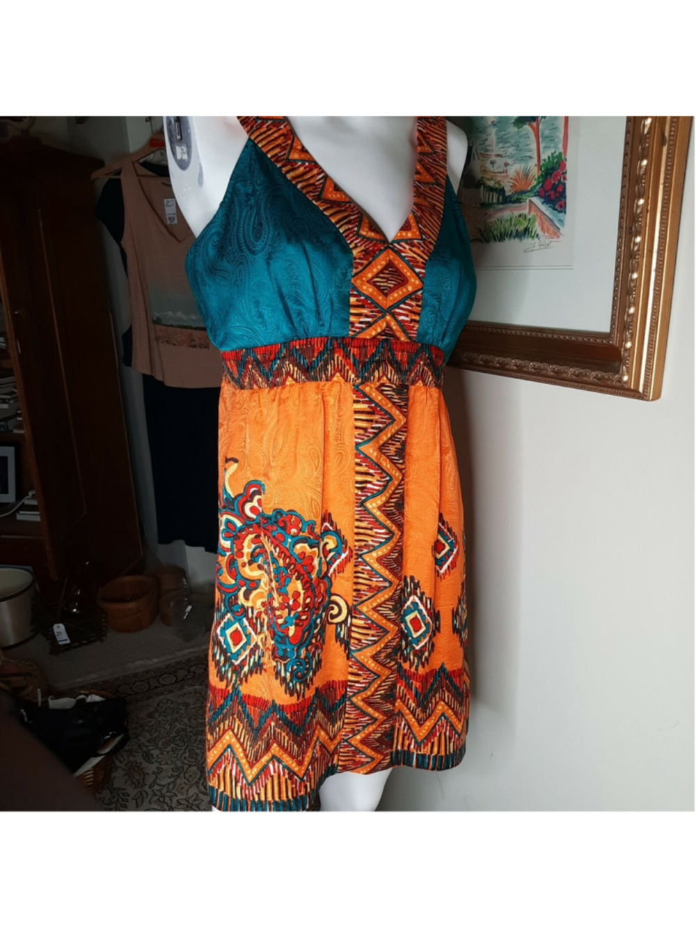 Phoebe Couture Green Orange Print Silk Dress